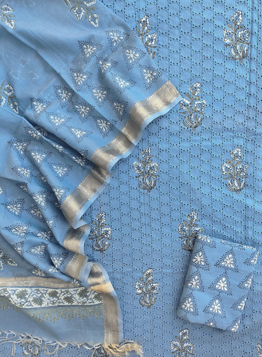 Hand Block Printed Cotton Schiffli Suit with Maheshwari Dupatta