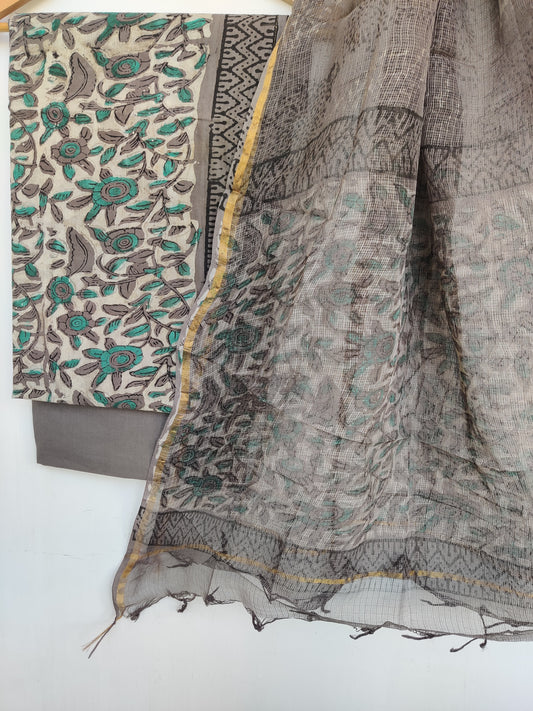 (VANASPATI) Block Printed Cotton Suit with Cotton Kota Doria Dupatta