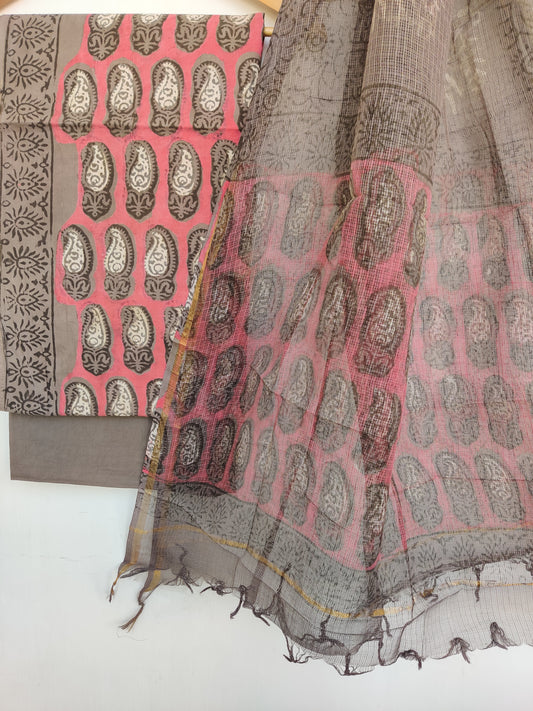 (VANASPATI) Block Printed Cotton Suit with Cotton Kota Doria dupatta