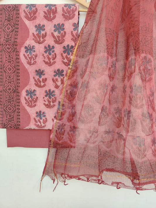 (VANASPATI) Block Printed Cotton Suit with Cotton Kota Doria dupattaa
