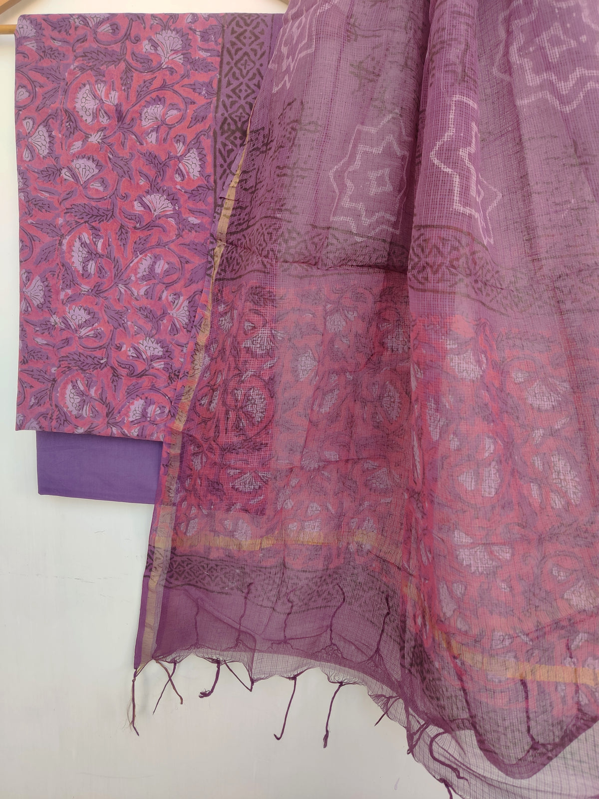 (VANASPATI) Block Printed Cotton Suit with Cotton Kota Doria dupattaa
