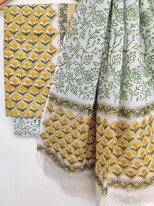 Hand Block Printed Cotton Suit With Mulmul Cotton Dupatta