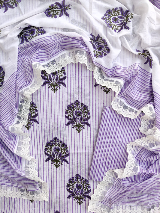 Hand Block Printed Cotton Suit With Lace Work Mulmul Dupatta