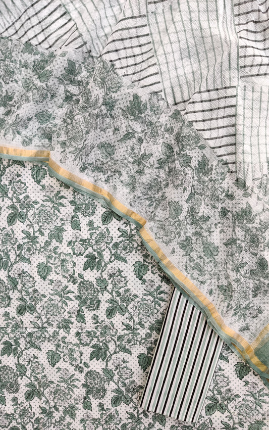 Hand Block Printed Cotton Suit with Cotton Kota Doria dupatta