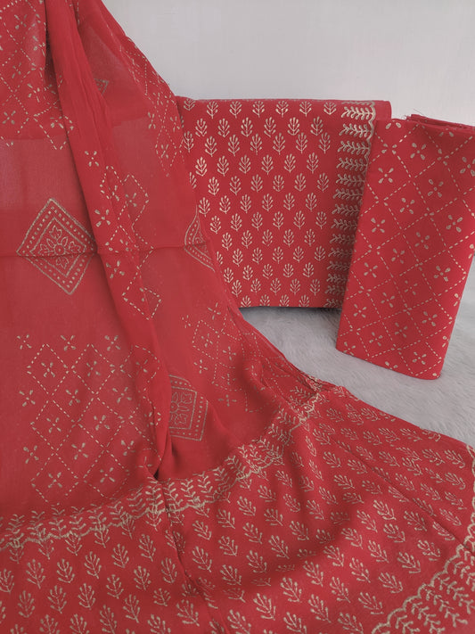 HAND BLOCK PRINTED COTTON SUIT WITH PURE CHIFFON DUPATTA