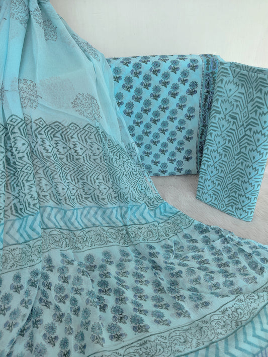 HAND BLOCK PRINTED COTTON SUIT WITH PURE CHIFFON DUPATTA