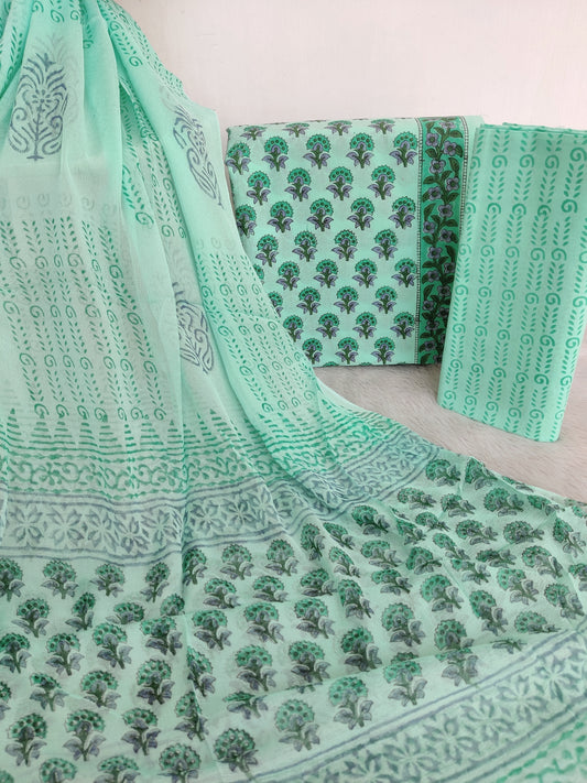 HAND BLOCK PRINTED COTTON SUIT WITH PURE CHIFFON DUPATTA