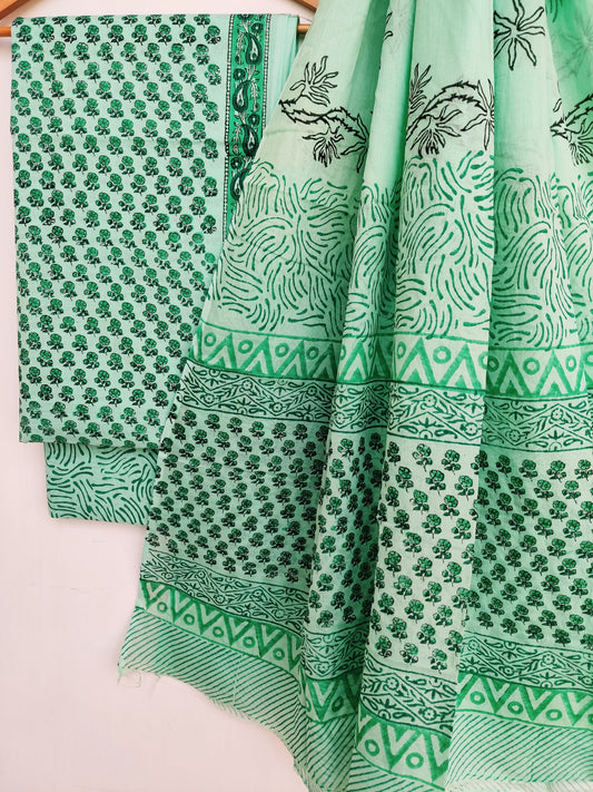 Hand Block Printed Cotton Suit With Mulmul Cotton Dupatta