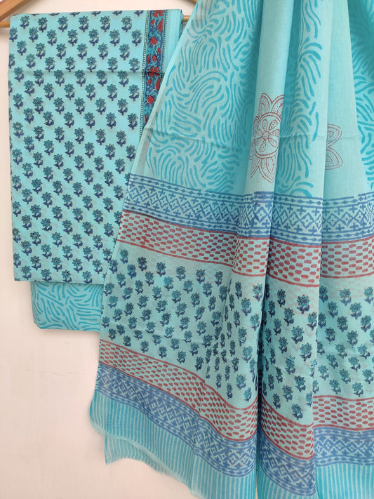 Hand Block Printed Cotton Suit With Mulmul Cotton Dupatta
