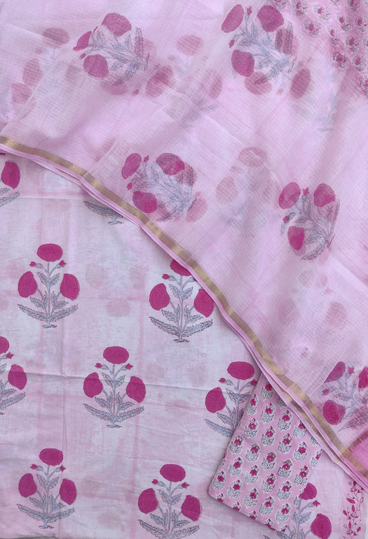 Hand Block & Brush Printed Cotton Suit with Cotton Kota Doria dupatta