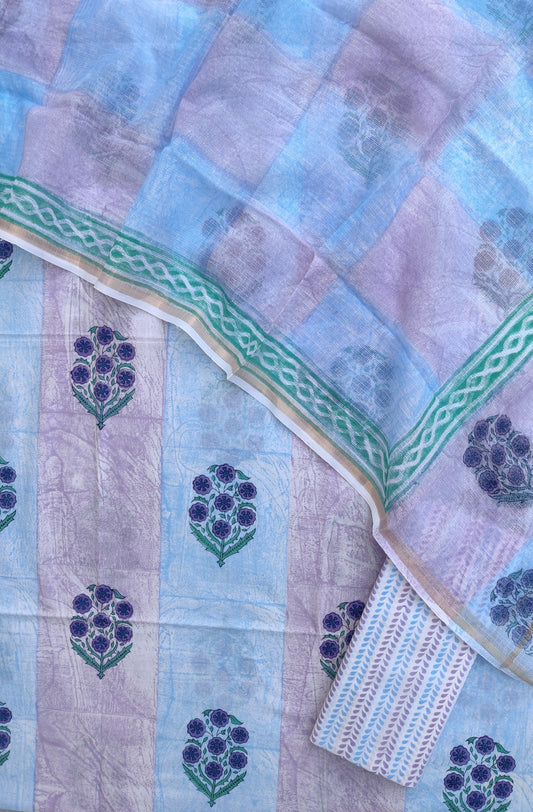 Hand Block & Brush Printed Cotton Suit with Cotton Kota Doria dupatta