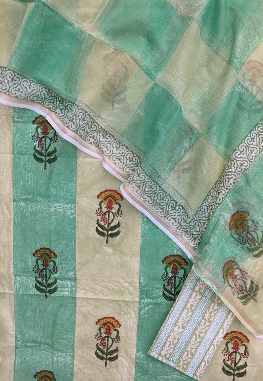 Hand Block & Brush Printed Cotton Suit with Cotton Kota Doria dupatta