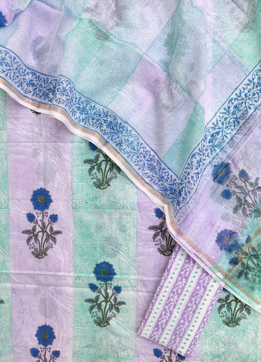 Hand Block & Brush Printed Cotton Suit with Cotton Kota Doria dupatta
