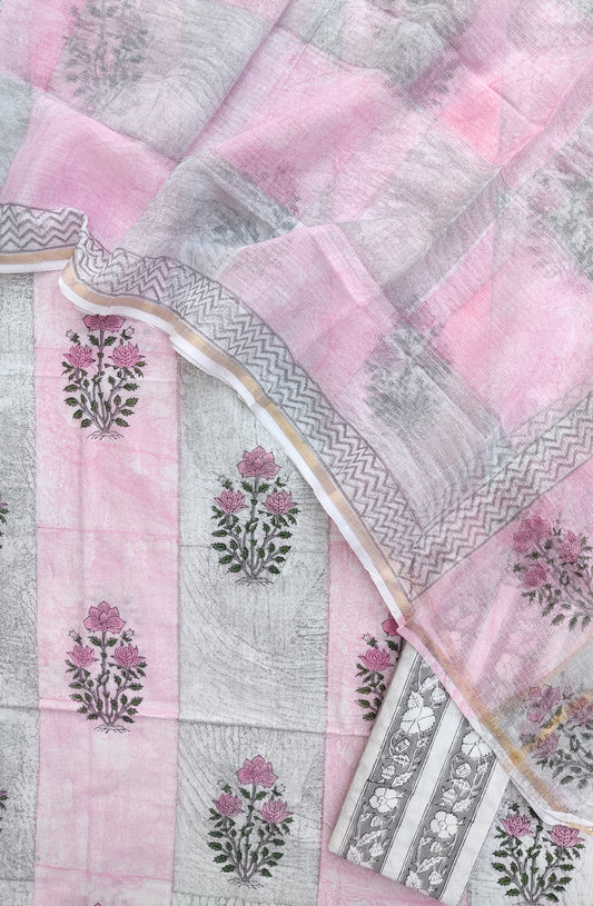 Hand Block & Brush Printed Cotton Suit with Cotton Kota Doria dupatta