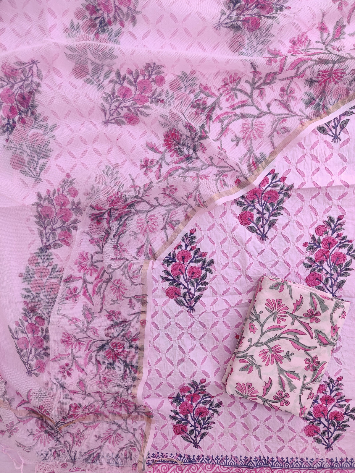 Pure Cotton Hand Block Printed Applique Suits with Kota Doria Dupatta
