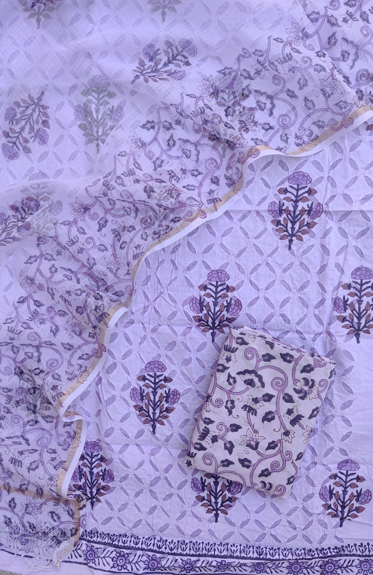 Pure Cotton Hand Block Printed Applique Suits with Kota Doria Dupatta
