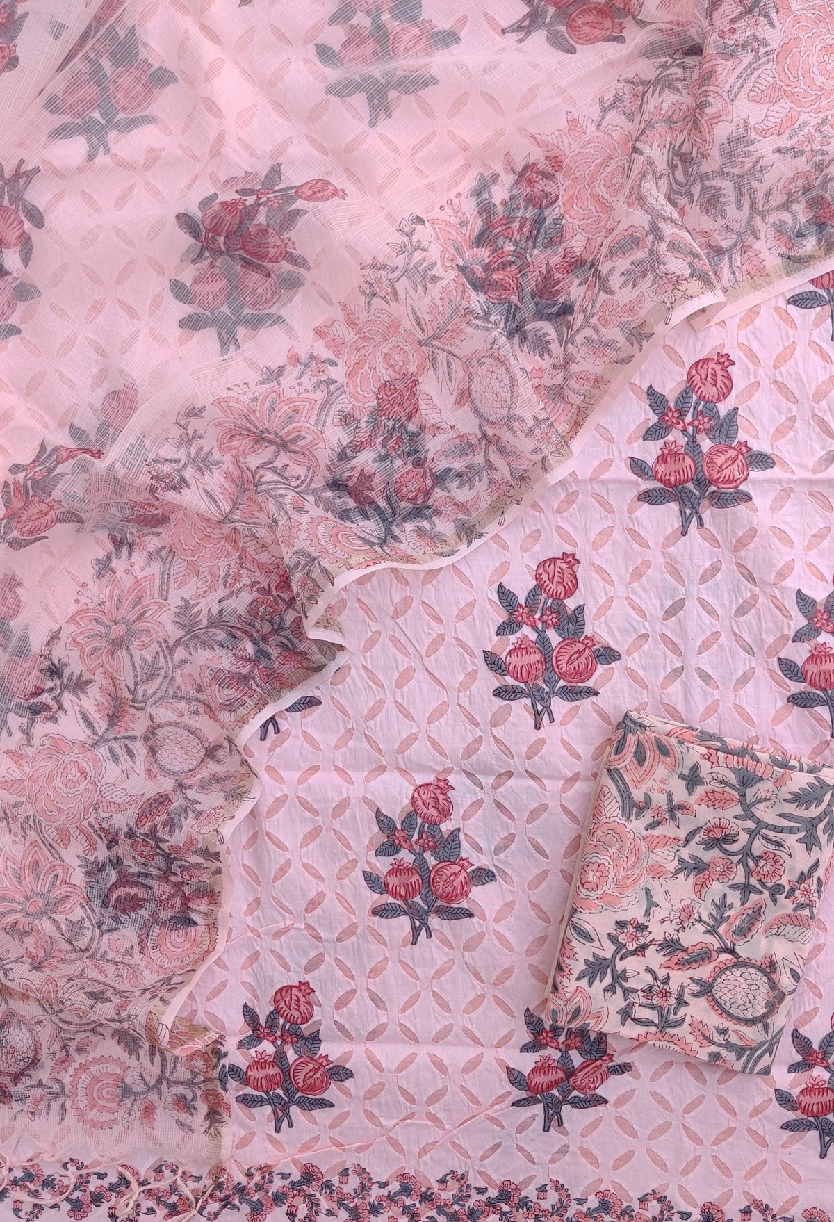 Pure Cotton Hand Block Printed Applique Suits with Kota Doria Dupatta