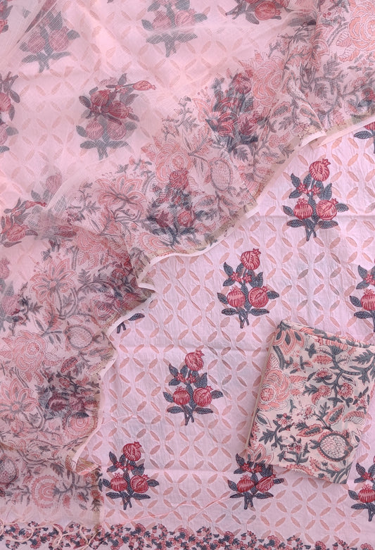 Pure Cotton Hand Block Printed Applique Suits with Kota Doria Dupatta