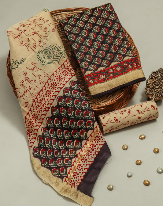 BAGRU Printed Maheshwari Silk Suit with Maheshwari Silk Dupatta