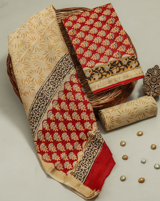 BAGRU Printed Maheshwari Silk Suit with Maheshwari Silk Dupatta