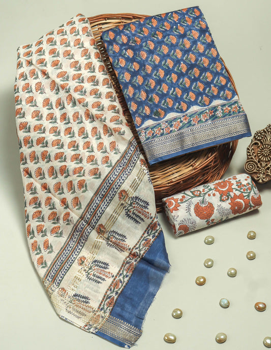 HAND BLOCK PRINTED MAHESHWARI SILK SUIT WITH MAHESHWARI SILK DUPATTA