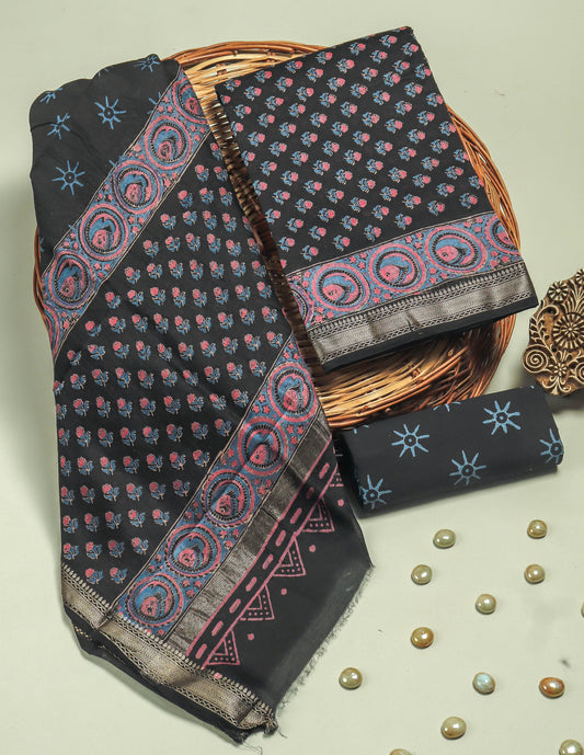 HAND BLOCK PRINTED MAHESHWARI SILK SUIT WITH MAHESHWARI SILK DUPATTA