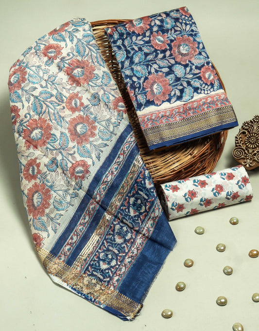 Hand Block Printed Maheshwari Silk Suit with Maheshwari Silk Dupatta