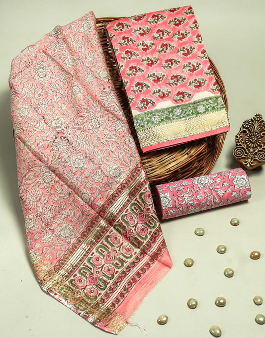 Hand Block Printed Maheshwari Silk Suit with Maheshwari Silk Dupatta