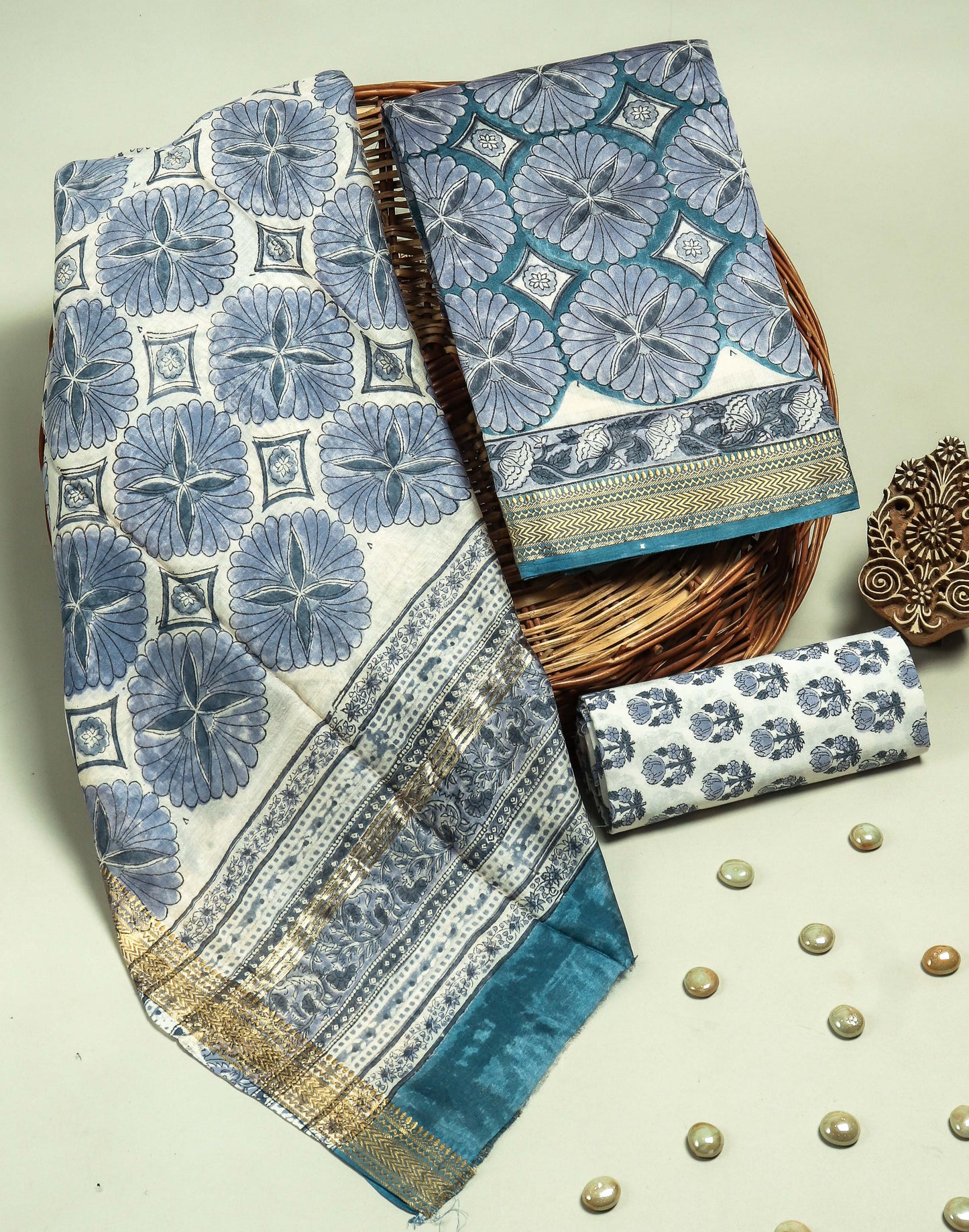 Hand Block Printed Maheshwari Silk Suit with Maheshwari Silk Dupatta 2