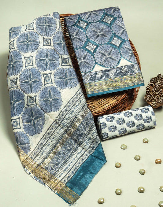 Hand Block Printed Maheshwari Silk Suit with Maheshwari Silk Dupatta  2