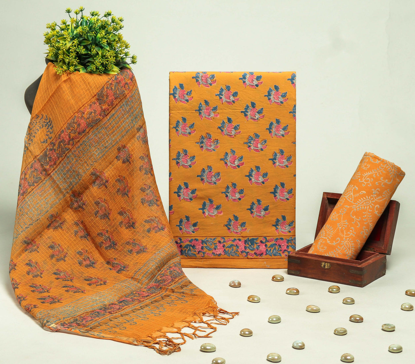 Beautiful Discharge Printed Cotton Suit with Pure Kota Doria Dupatta