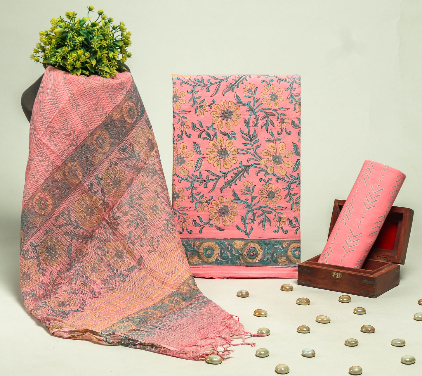 Beautiful Discharge Printed Cotton Suit with Pure Kota Doria Dupatta