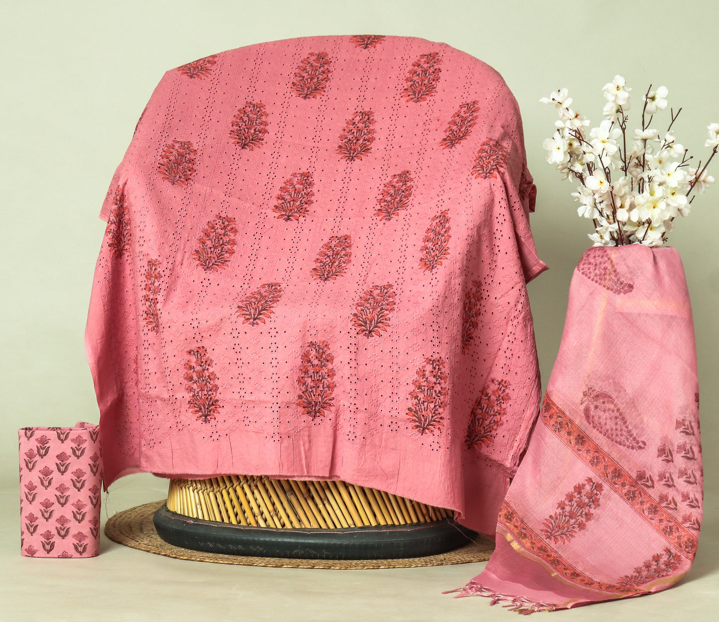 Hand Block Printed Cotton Schiffli Suit with Kota Doria Dupatta