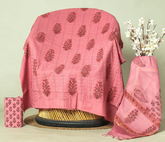 Hand Block Printed Cotton Schiffli Suit with Kota Doria Dupatta