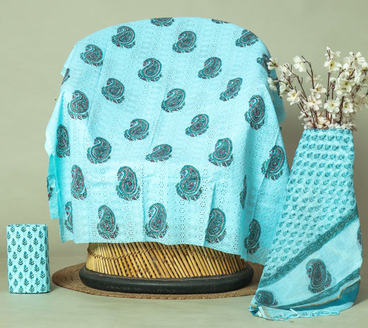 Hand Block Printed Cotton Schiffli Suit with Kota Doria Dupatta