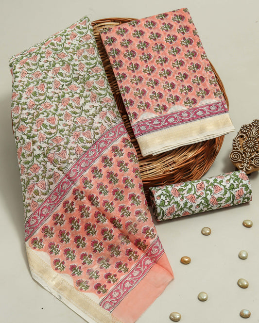 Hand Block Printed Maheshwari Silk Suit with Maheshwari Silk Dupatta