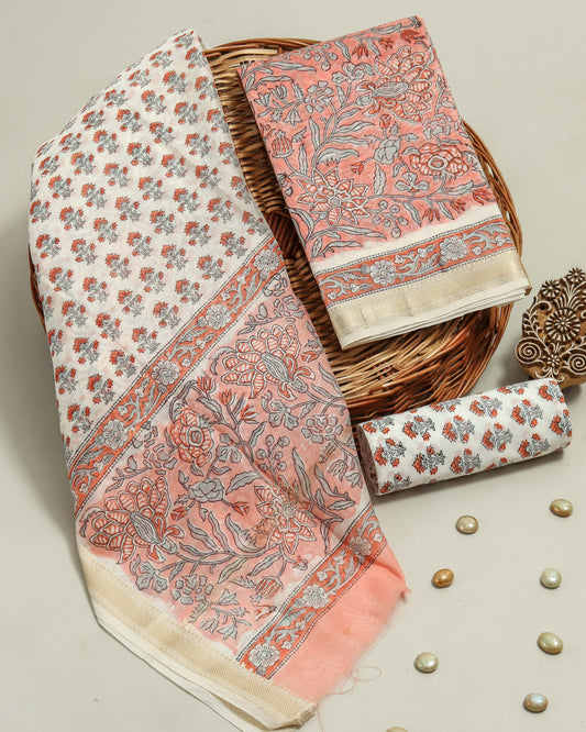 Hand Block Printed Maheshwari Silk Suit with Maheshwari Silk Dupatta