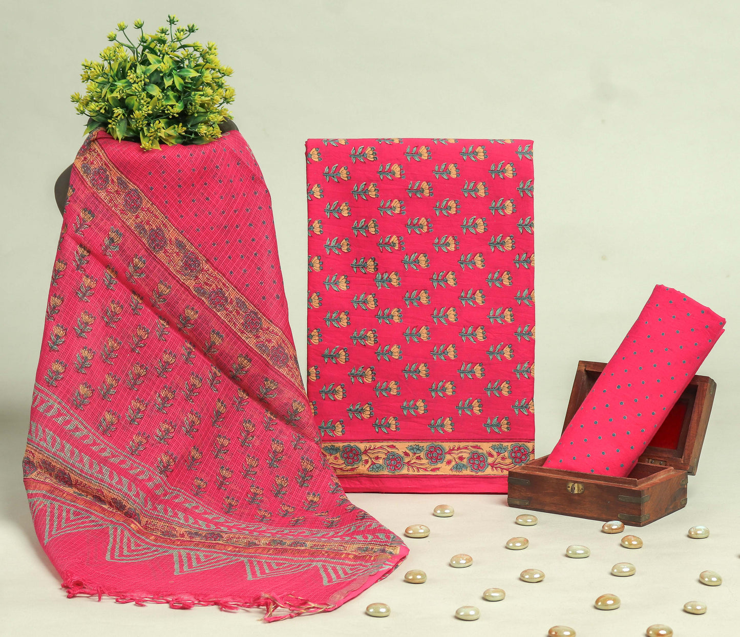 Beautiful Discharge Printed Cotton Suit with Pure Kota Doria Dupatta