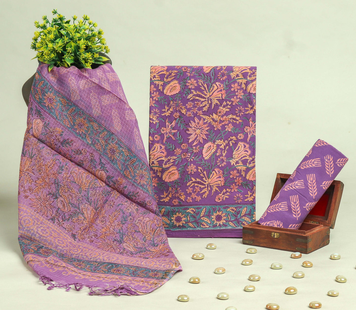 Beautiful Discharge Printed Cotton Suit with Pure Kota Doria Dupatta