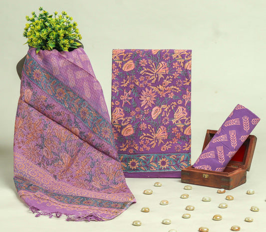 Beautiful Discharge Printed Cotton Suit with Pure Kota Doria Dupatta