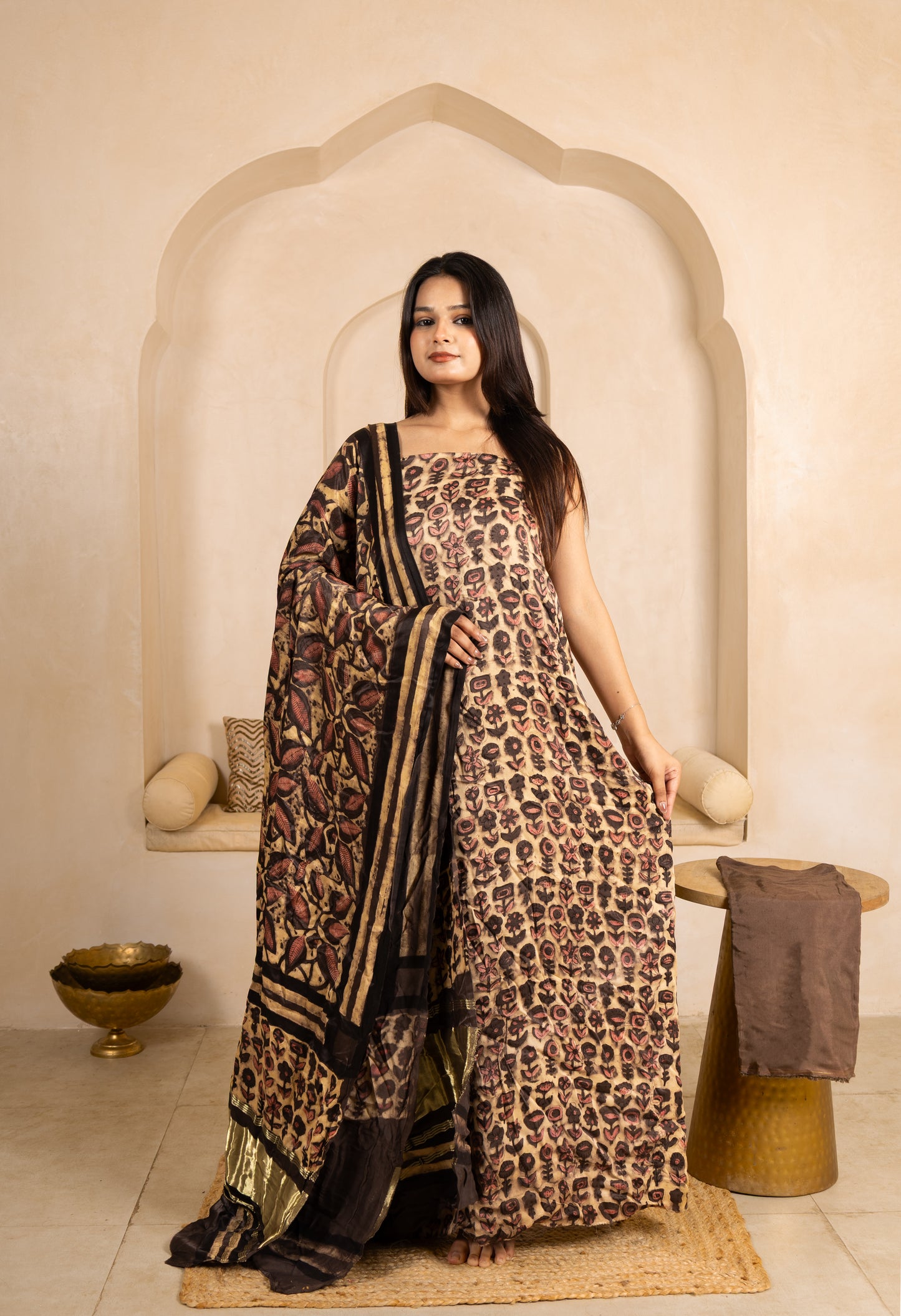 Vanaspati Ajrakh Hand Block Printed Modal Silk Suit with Modal Silk Lagdi Patta Dupatta