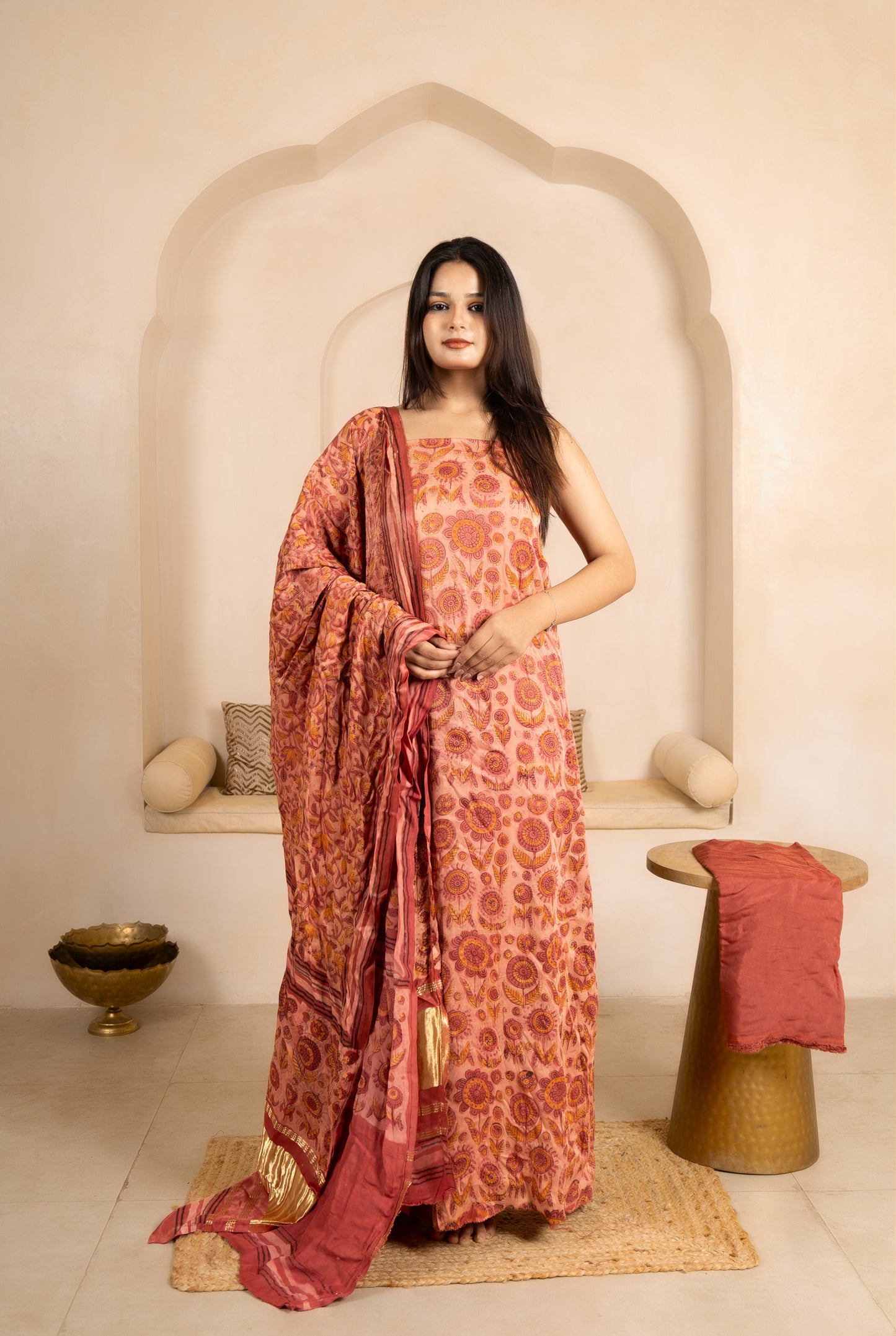 Vanaspati Ajrakh Hand Block Printed Modal Silk Suit with Modal Silk Lagdi Patta Dupatta