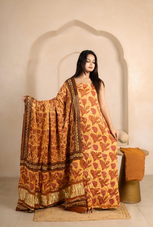 Vanaspati Ajrakh Hand Block Printed Modal Silk Suit with Modal Silk Lagdi Patta Dupatta