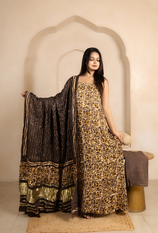 Vanaspati Ajrakh Hand Block Printed Modal Silk Suit with Modal Silk Lagdi Patta Dupatta