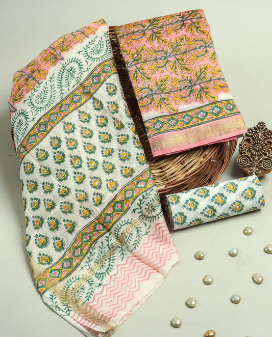 Hand Block Printed Maheshwari Silk Suit with Maheshwari Silk Dupatta