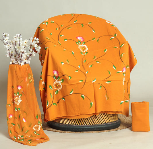 HAND PAINTED COTTON SUIT WITH PURE CHIFFON DUPATTA