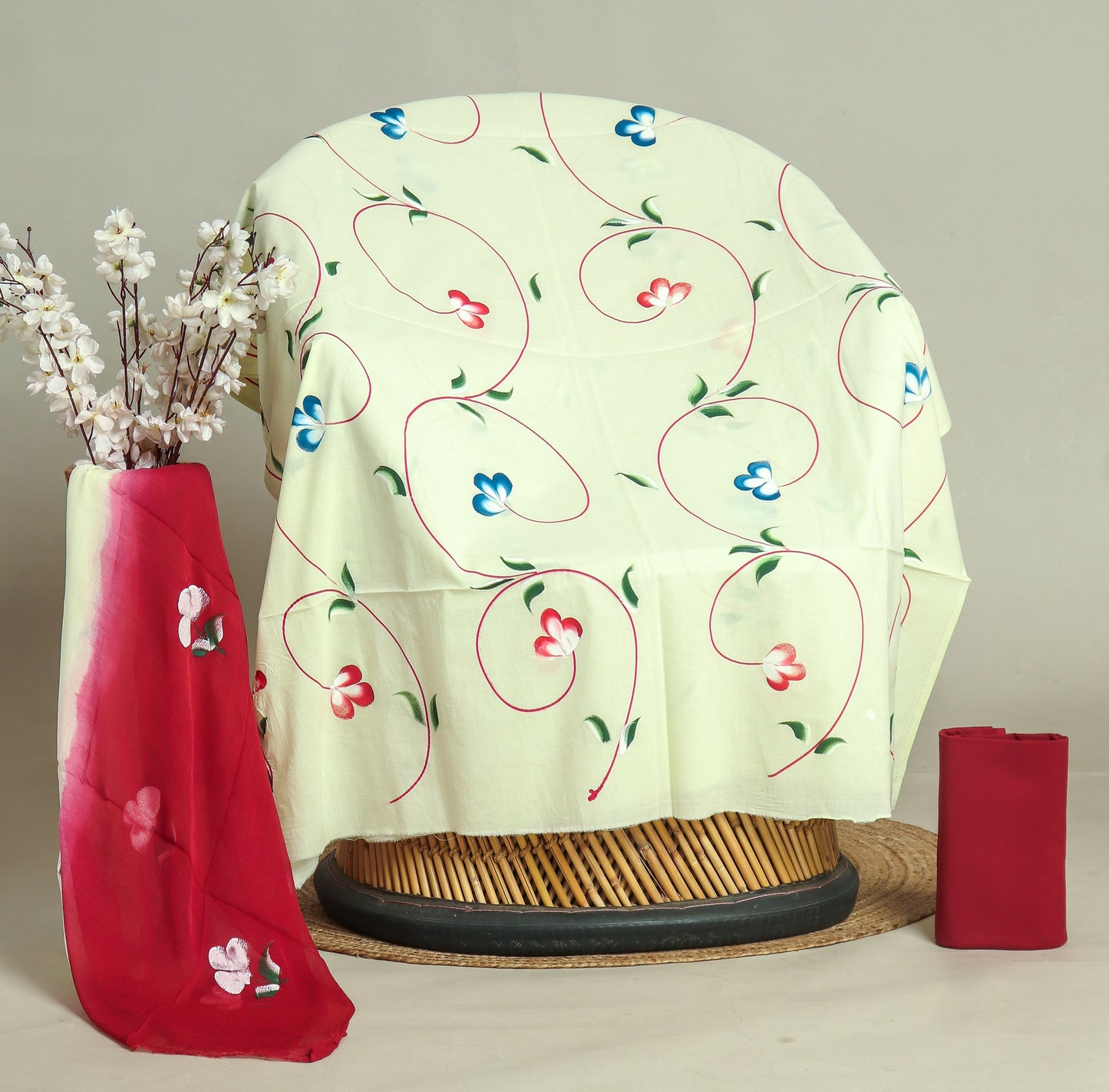 HAND PAINTED COTTON SUIT WITH PURE CHIFFON DUPATTA