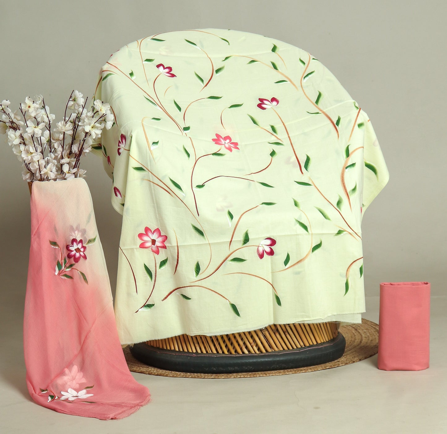 HAND PAINTED COTTON SUIT WITH PURE CHIFFON DUPATTA