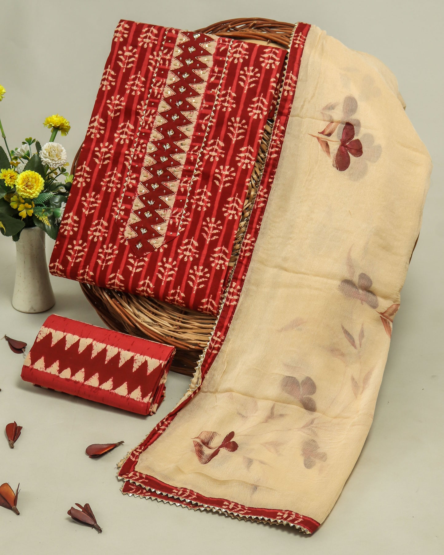 Cotton Printed Neck Work Suits with Chiffon dupatta