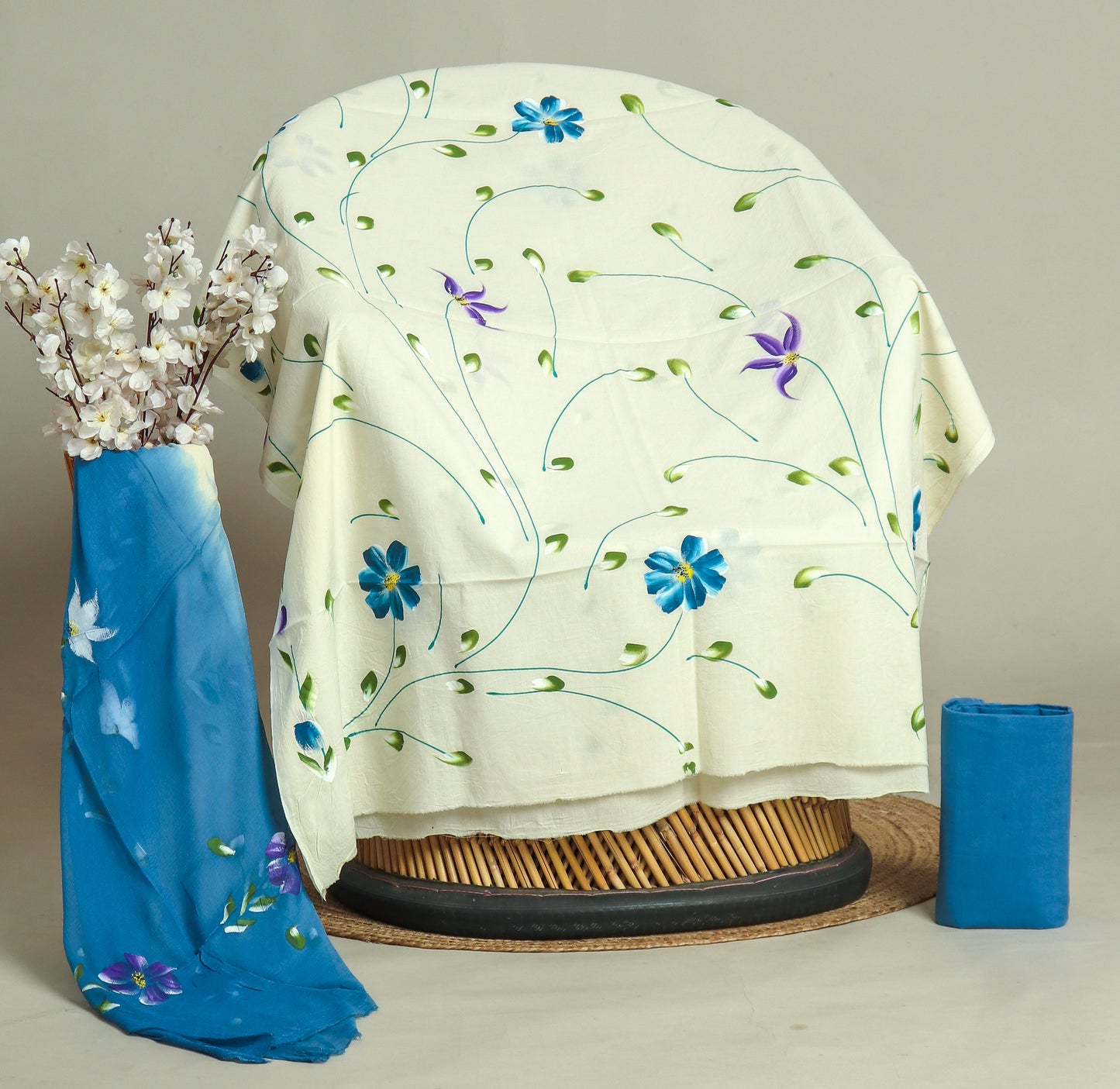 HAND PAINTED COTTON SUIT WITH PURE CHIFFON DUPATTA